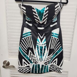 2B Bebe Strapless Black and Teal Sequin Dress